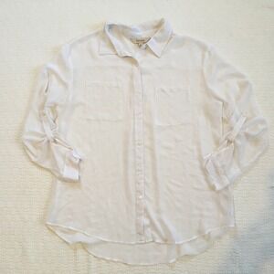 Decree White Sheer Collared Button Down Shirt Womens XL Roll Tab Sleeves Pockets